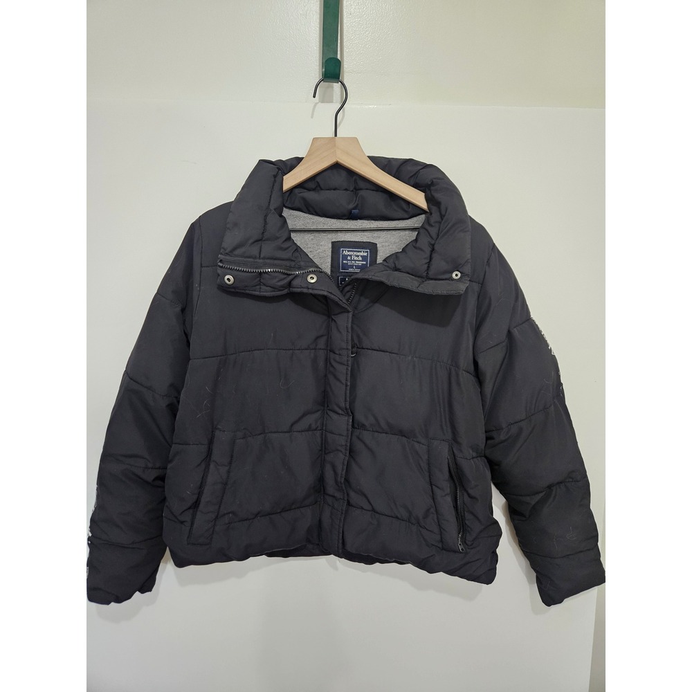 Abercrombie & Fitch Black Puffer Jacket Water Resistant Logo Sleeve Womens Large